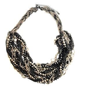 Vintage Black Gold Statement Necklace Multi-Strand Beaded Chain 20"